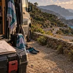 Visiter la Corse en camping-car : van près d’une route côtière du Cap Corse