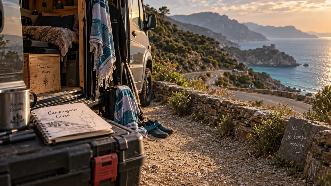 Visiter la Corse en camping-car : van près d’une route côtière du Cap Corse