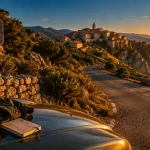 Visiter la Corse en octobre : route sinueuse et village corse au coucher du soleil