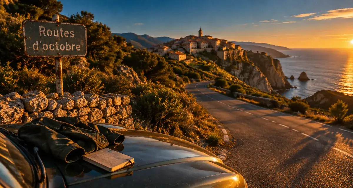 Visiter la Corse en octobre : route sinueuse et village corse au coucher du soleil